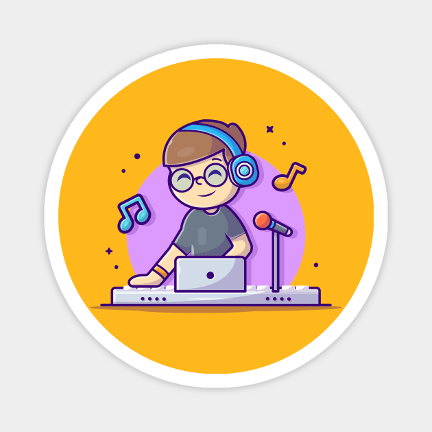 Happy Cute Disk Jockey Performance with Headphone Cartoon Vector Icon Illustration Magnet by Catalyst Labs